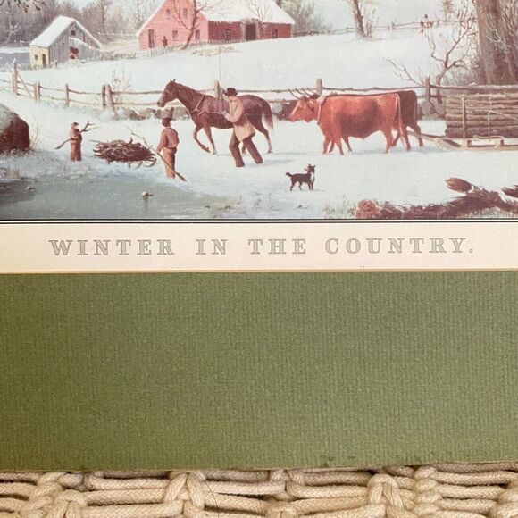 VTG Green Matted CURRIER & IVES Print 1958 Calendar Top - Winter in the Country - Picture 2 of 7